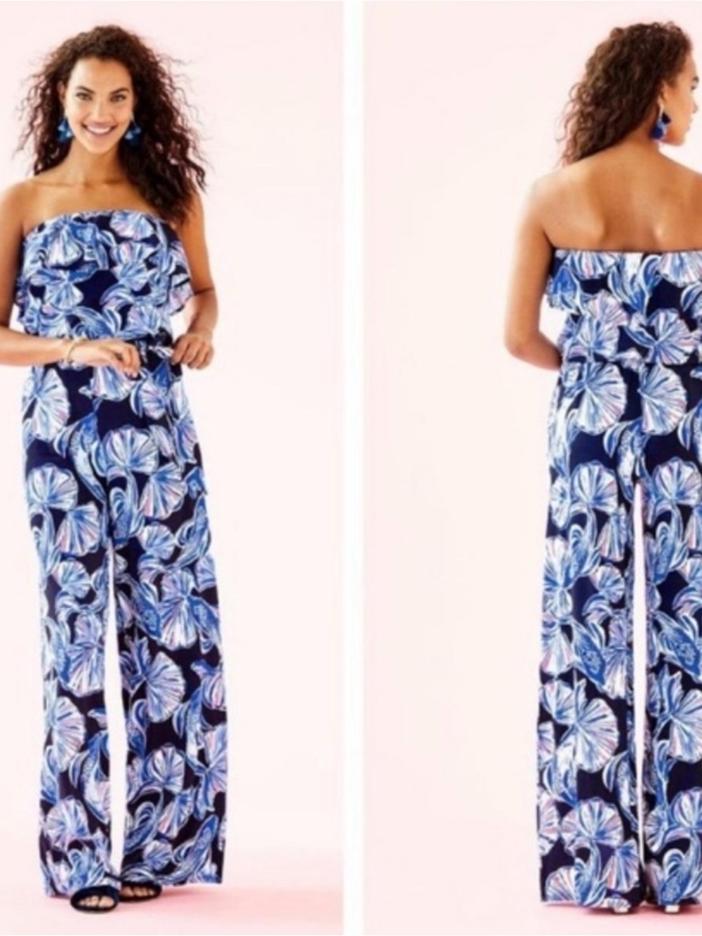 Navy Floral Off-Shoulder Jumpsuit with Blue & Pink Print